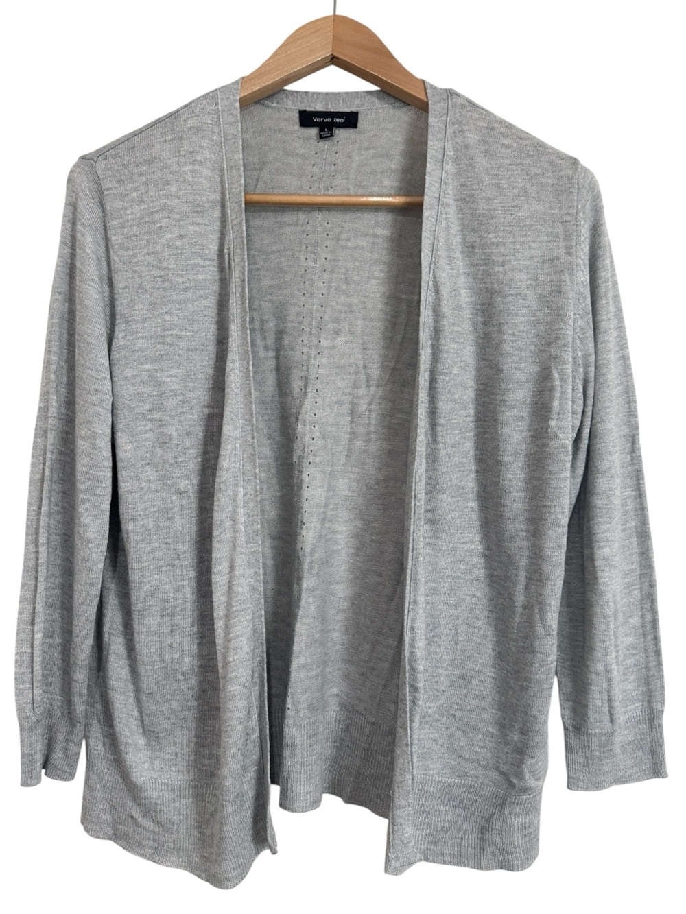 Verve Ami Open Front ¾ Sleeve Perforated Accent Back Rib Cardigan in Gray size L